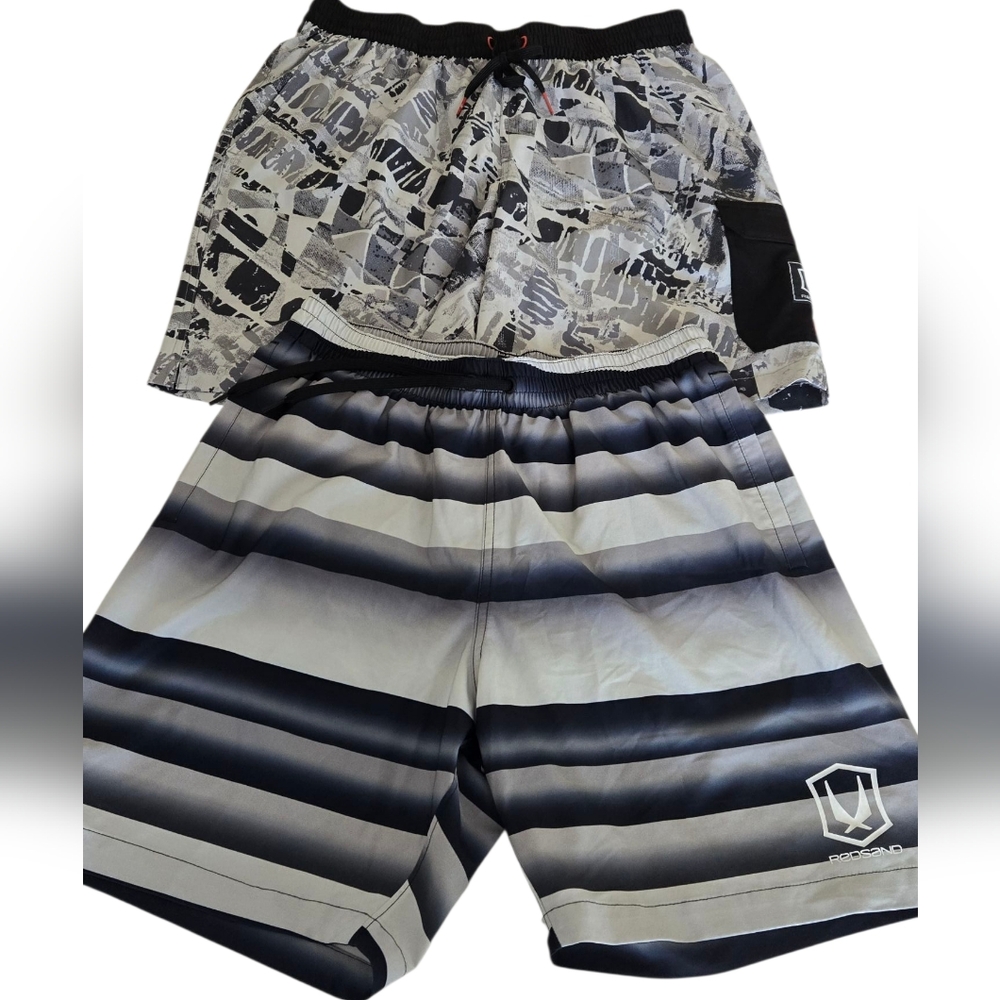 REDSAND Perry Ellis  Gray and Black Athletic Shorts with Patterned Design
